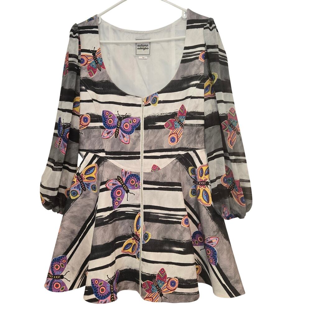Autumn Adeigbo Butterfly Fit & Flare Dress Size 12 Long Sleeve Zip Front Mini - Picture 3 of 11
